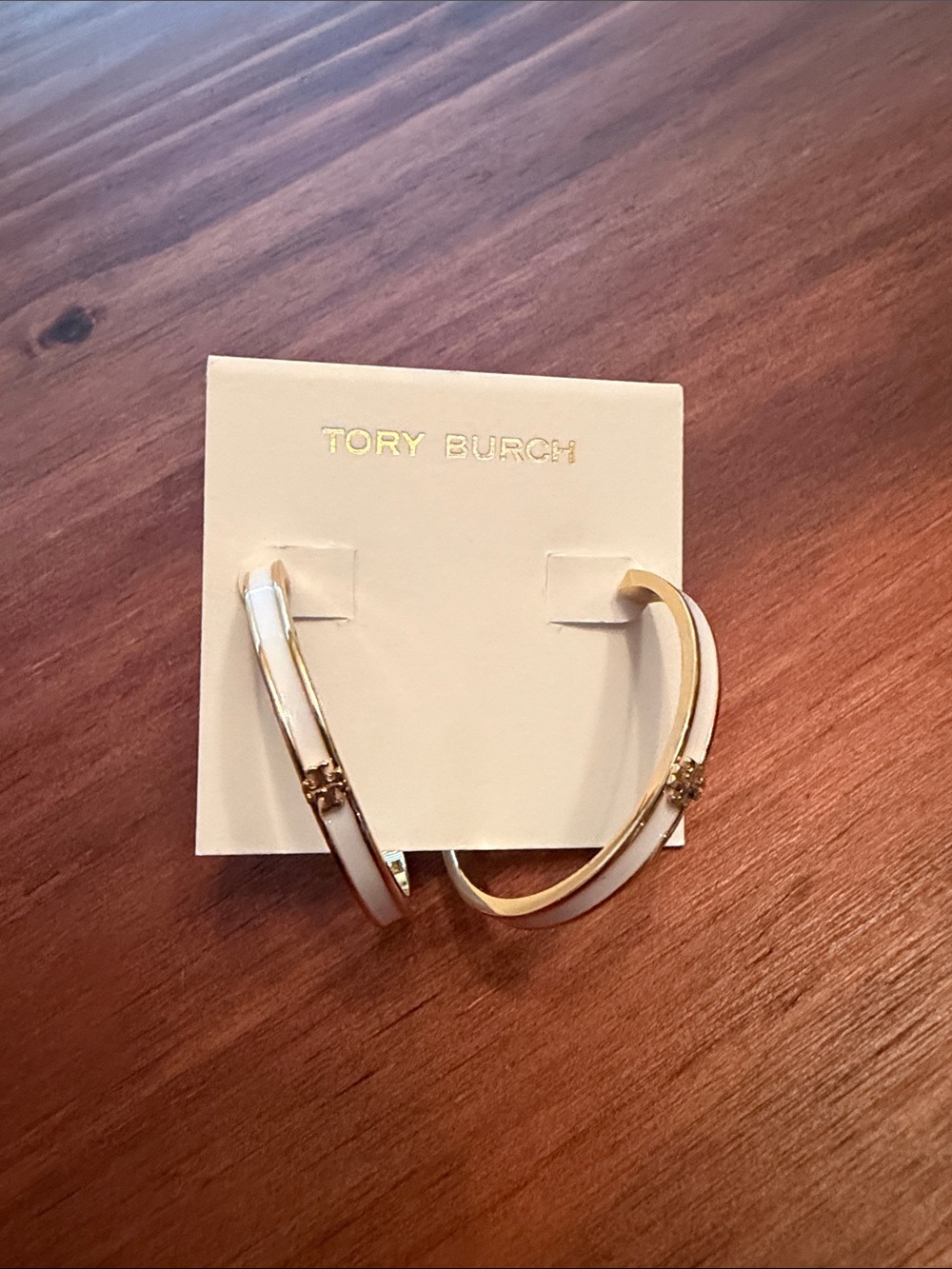 Tory Burch White and Gold Hoop Earrings with Logo Accent
